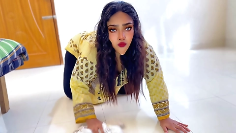 Chubby brunette gets stuck under the bed while cleaning up