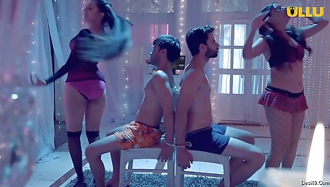 Two blondes in a massage parlour take turns riding one another