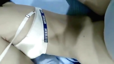 Amateur brunette 18+ takes off top and is sucking on his cock