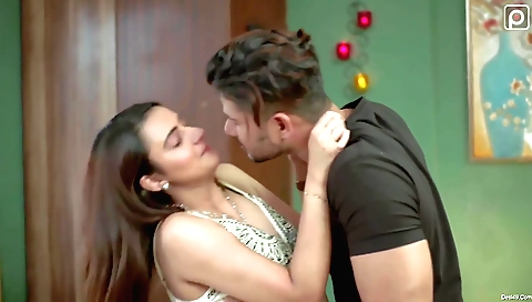 Brunette in red dress and stockings enjoys her morning