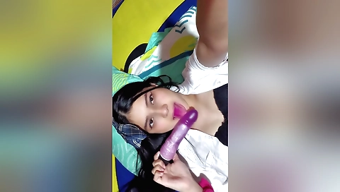 Brunette girl shows her boobs and shows me her pussy