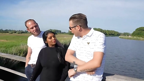 Indian brunette rides her lover's dick and gets a facial