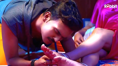 Petite brunette in stockings is getting fucked by man