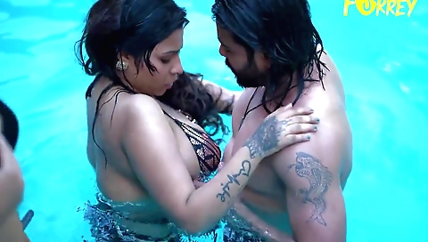 Indian babe in tattooed bikini gets fucked by two friends