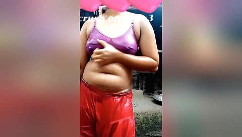 Devil beauty wears a black panties and swims in shower in solo