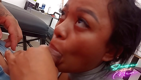 Busty stepsister and her stepbrother having sex in office